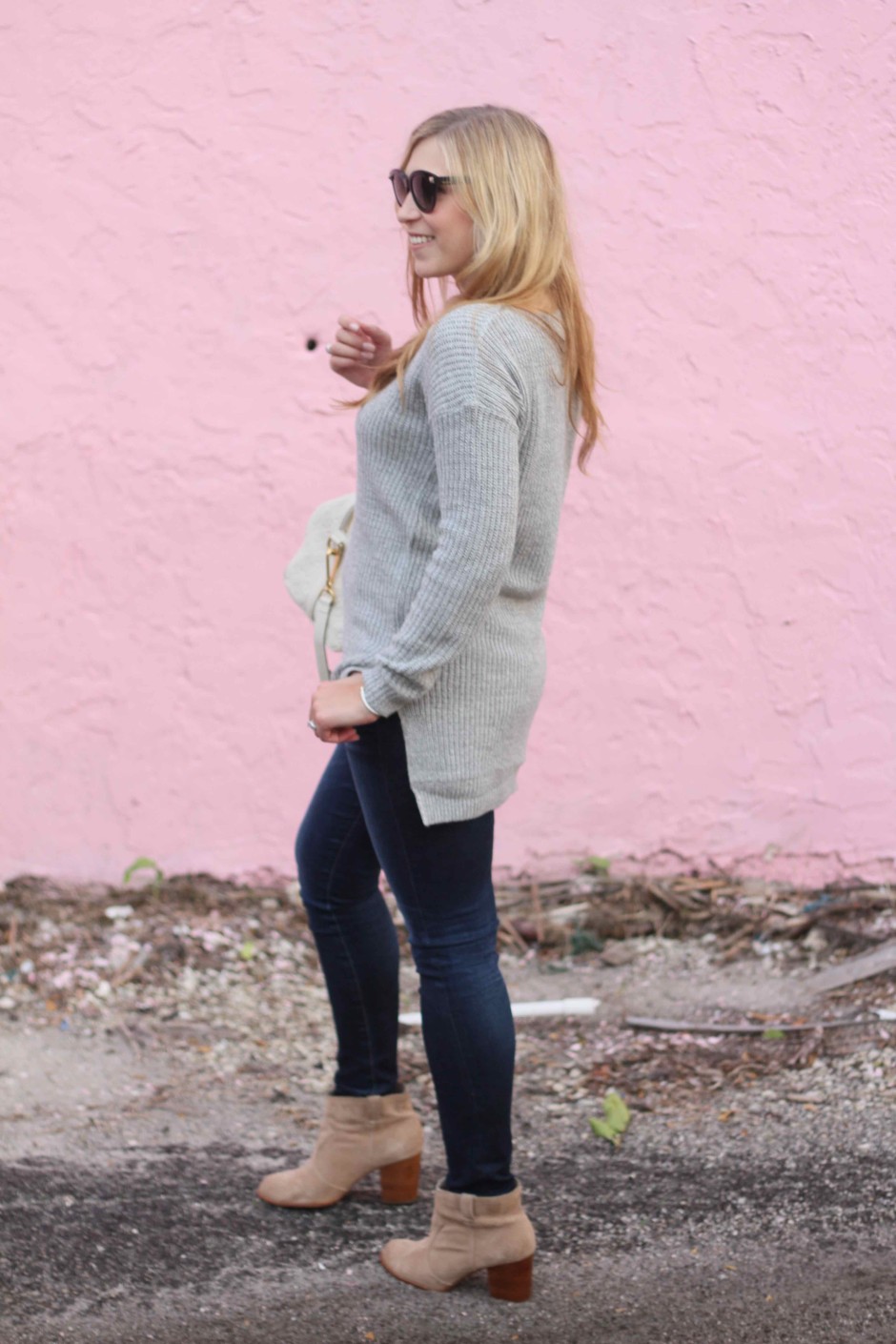 Grey Tunic Sweater... - Pink and Navy StripesPink and Navy Stripes