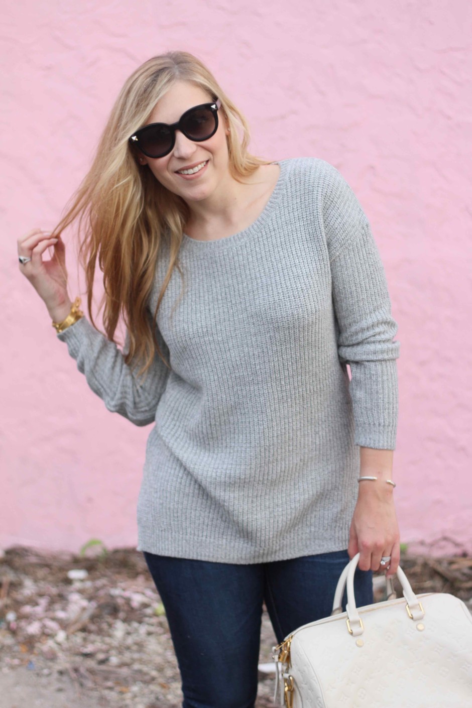 Grey Tunic Sweater... - Pink and Navy StripesPink and Navy Stripes