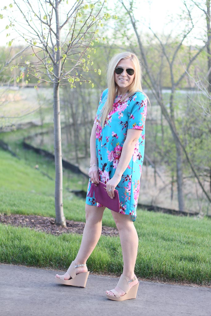 Floral Shift Dress... - Pink and Navy StripesPink and Navy Stripes