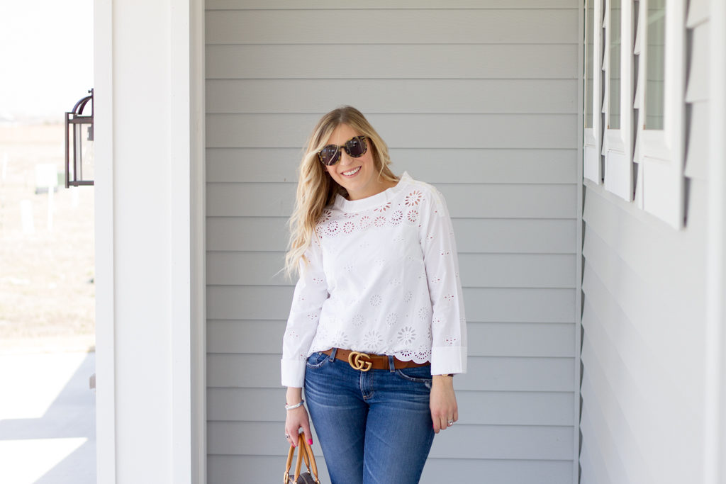 White Eyelet Top - Pink and Navy StripesPink and Navy Stripes